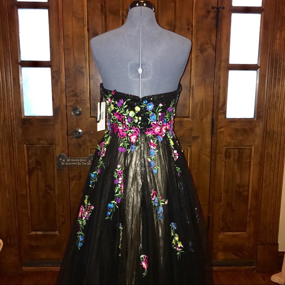 JVN Jovani Black Strapless Floral Chiffon Gown! - Picture 7 of 7